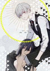 Rule 34 | 2boys, black gloves, black hair, bright pupils, closed mouth, earrings, floral background, flower, gloves, green eyes, grey hair, hair between eyes, half gloves, hand on another&#039;s shoulder, hatching (texture), heterochromia, holding, holding hands, jewelry, kazari tayu, long hair, looking at viewer, male focus, multiple boys, original, parted lips, patterned, purple eyes, red eyes, sleeves rolled up, striped legwear, white pupils