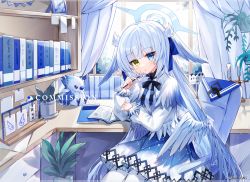 1girl absurdres blue_eyes blunt_bangs blush book bookshelf candlestand closed_mouth commission green_eyes heterochromia highres holding holding_pencil indoors long_hair long_sleeves looking_at_viewer original pencil shio_0585 sitting solo white_hair