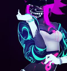 Rule 34 | 1girl, akali, bare shoulders, baseball cap, black background, bodypaint, bracelet, breasts, cleavage, covered mouth, cropped jacket, crossed arms, hat, i-pan, inverted colors, jewelry, k/da (league of legends), k/da akali, league of legends, looking at viewer, mask, medium breasts, midriff, mouth mask, off shoulder, paint splatter, pink hair, short hair with long locks, sleeves pushed up, solo, ultraviolet light, yellow eyes