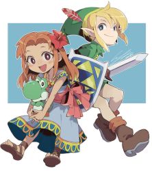 Rule 34 | 1boy, 1girl, blonde hair, blue eyes, boots, bright pupils, brown eyes, brown hair, dress, flower, hair flower, hair ornament, hat, hibiscus, holding, holding shield, holding sword, holding weapon, io naomichi, leggings, link, looking at viewer, marin (zelda), mario (series), nintendo, open mouth, pointy ears, sandals, shield, sidelocks, smile, super mario bros. 1, sword, the legend of zelda, the legend of zelda: link&#039;s awakening, toes, tunic, weapon, white pupils, yoshi