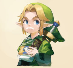 Rule 34 | 1boy, blonde hair, blue eyes, bottle, closed mouth, commentary, english commentary, food, food on face, green hat, green shirt, hat, holding, link, looking at viewer, male focus, milk, milk bottle, milk mustache, na (oagenosuke), nintendo, pointy ears, shirt, short sleeves, solo, sword, the legend of zelda, upper body, weapon, weapon on back, yellow background