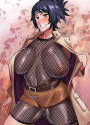 Rule 34 | 1girl, black eyes, black hair, blush, bodysuit, breasts, cleavage, fishnet bodysuit, fishnets, gradient background, haikawa hemlen, headband, highres, large areolae, large breasts, looking at viewer, mitarashi anko, naruto, naruto (series), navel, nipples, open clothes, ponytail, simple background, smile, solo, sweat, swept bangs, thick thighs, thighs