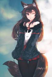 Rule 34 | 1girl, adapted costume, animal ears, bare shoulders, black pantyhose, blouse, brown hair, casual, ehrrr, fur trim, highres, imaizumi kagerou, long hair, miniskirt, off shoulder, one eye closed, open mouth, pantyhose, red eyes, red skirt, shirt, skirt, solo, tail, touhou, white shirt, wolf ears, wolf tail