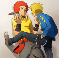 Rule 34 | 2boys, afro, belt, black choker, black pants, blonde hair, blue jacket, brown footwear, choker, closed mouth, commentary request, creatures (company), fingernails, flint (pokemon), foot kabedon, game freak, hand in pocket, holding, holding spoon, jacket, kabedon, long sleeves, looking at another, male focus, multiple boys, nintendo, pants, pokemon, pokemon dppt, pokipoki, red hair, shirt, shoes, spoon, sweat, volkner (pokemon), yellow shirt