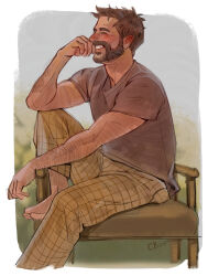 Rule 34 | 1boy, arm hair, barefoot, beard, black hair, blush, brown pants, brown shirt, call of duty, call of duty: modern warfare 2, captain price, character name, closed eyes, covering own mouth, facial hair, hand over own mouth, highres, male focus, pants, sasha shkret, shirt, short hair, sitting, smile, solo, teeth