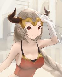 Rule 34 | 1girl, absurdres, aliza (granblue fantasy), bandages, bandaged hand, braid, breasts, cleavage, commentary request, draph, granblue fantasy, headpiece, highres, horns, large breasts, long braid, long hair, looking at viewer, pointy ears, red eyes, shikibuton (huto350), silver hair, single braid, solo, very long hair