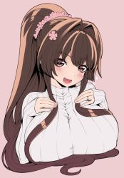 Rule 34 | 10s, 1girl, alternate costume, blush, breasts, brown eyes, brown hair, cherry blossoms, flower, hair flower, hair ornament, hanauna, heart, heart-shaped pupils, jewelry, kantai collection, large breasts, long hair, long sleeves, looking at viewer, open mouth, ponytail, ribbed sweater, ring, simple background, solo, sweater, symbol-shaped pupils, upper body, very long hair, wedding band, yamato (kancolle)