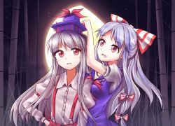 Rule 34 | 2girls, alternate hairstyle, bad id, bad twitter id, bamboo, bamboo forest, blue dress, blue hair, blush, bow, dress, forest, fujiwara no mokou, hair bow, hair ornament, hair ribbon, hat, headwear switch, kamishirasawa keine, long hair, long sleeves, looking at another, minust, moon, multicolored hair, multiple girls, nature, open mouth, pants, puffy sleeves, red eyes, ribbon, shirt, short sleeves, silver hair, smile, sweatdrop, touhou, two-tone hair, upper body