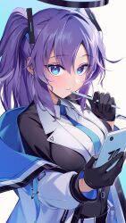Rule 34 | 1girl, black gloves, blue archive, blue eyes, blue necktie, blush, breasts, cellphone, closed mouth, collared shirt, commentary, formal, gloves, hair between eyes, halo, highres, holding, holding phone, jacket, kainown, large breasts, long hair, long sleeves, looking at viewer, mechanical halo, multicolored clothes, multicolored jacket, necktie, phone, purple hair, shirt, smartphone, solo, suit, two-tone jacket, two side up, upper body, white shirt, yuuka (blue archive)