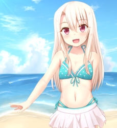 Rule 34 | 1girl, :d, aqua bikini, arm behind back, bad id, bad pixiv id, bare shoulders, beach, bikini, blonde hair, blue sky, breasts, cloud, collarbone, commentary, cowboy shot, day, fang, fate/kaleid liner prisma illya, fate (series), hair between eyes, highres, illyasviel von einzbern, long hair, looking at viewer, navel, official alternate costume, open mouth, outdoors, prisma illya, red eyes, side-tie bikini bottom, skirt, sky, small breasts, smile, solo, swimsuit, takasuma hiro, water, white skirt