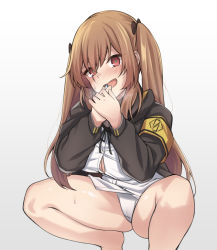 Rule 34 | 1girl, armband, bare legs, black bow, black ribbon, bow, breasts, brown hair, girls&#039; frontline, hair between eyes, hair ornament, hairclip, heavy breathing, highres, hood, hood down, hooded jacket, jacket, large breasts, long hair, looking at viewer, open clothes, open jacket, open mouth, panties, pill, ribbon, scar, scar across eye, scar on face, shirt, solo, spicy moo, squatting, thighs, ump9 (girls&#039; frontline), underwear, white panties, white shirt
