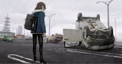 Rule 34 | 1girl, backpack, bad id, bad pixiv id, bag, black footwear, black pants, boots, bottle, broken glass, building, car, car crash, cigarette, city, cloud, cloudy sky, commentary request, copyright request, day, fur trim, glass, highres, holding, hood, hood down, hooded jacket, jacket, lada, lamppost, light brown hair, long hair, long sleeves, looking at viewer, looking back, motor vehicle, outdoors, pants, parking lot, road, sky, smoke, smoking, solo, standing, tomiya (tomiya2117), vehicle request, water bottle, winter clothes