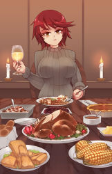 Rule 34 | 1girl, :t, bread, candle, commentary, commission, corn, cup, drinking glass, eba rin, english commentary, food, food request, fork, green eyes, grey sweater, head tilt, highres, holding, holding cup, holding fork, kimi no iru machi, knife, long sleeves, looking at viewer, mole, mole under eye, nail polish, plate, red hair, red nails, ribbed sweater, rtil, short hair, sitting, smile, solo, sweater, thanksgiving, turtleneck, turtleneck sweater
