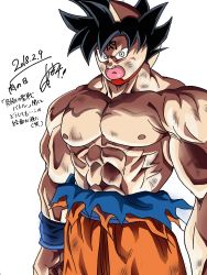 Rule 34 | 10s, 1boy, absurdres, angry, artist request, black hair, clenched hand, dated, dragon, dragon ball, dragon ball super, fusion, glowing, highres, injury, kinniku suguru, kinnikuman, kinnikuman (character), looking at viewer, male focus, manly, mask, muscular, parody, scratches, serious, grey eyes, simple background, son goku, standing, torn clothes, ultra instinct, white background