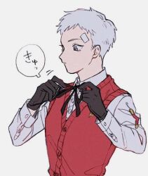 Rule 34 | 1boy, bandaid, bandaid on face, bandaid on forehead, black gloves, black ribbon, closed mouth, collared shirt, commentary, gloves, grey eyes, grey hair, long sleeves, male focus, neck ribbon, persona, persona 3, persona 3 reload, red sweater vest, ribbon, sanada akihiko, shirt, short hair, simple background, solo, speech bubble, sweater vest, symbol-only commentary, tying, upper body, white shirt, yuu (yuuka 8018)