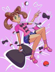 1girl absurdres bag bow bowtie brown_hair creatures_(company) dark-skinned_female dark_skin dawnfire game_freak green_eyes highres nintendo pink_background pink_shirt pink_shoes poke_ball pokemon pokemon_xy quad_tails school_bag shauna_(pokemon) shirt shoes shorts smile solo v