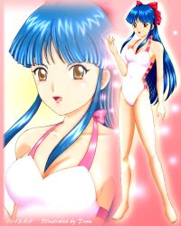 Rule 34 | 1girl, artist name, barefoot, blue hair, bow, breasts, brown eyes, cleavage, dated, feet, hair ribbon, large breasts, legs, looking at viewer, one-piece swimsuit, open mouth, ponytail, red bow, ribbon, sakura taisen, sega, shinguuji sakura, smile, solo, swimsuit, thighs