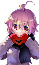 Rule 34 | 1girl, ahoge, aino heart, arcana heart, black scarf, closed mouth, commentary request, gloves, looking at viewer, pink hair, red eyes, red gloves, scarf, short hair, simple background, smile, solo, sweater, takashi moritaka, upper body, white background