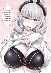Rule 34 | 1girl, absurdres, aqua nails, bare shoulders, black bra, blush, bow, bow bra, bra, breasts, carmilla (fate), cleavage, clothes lift, english text, fang, fate/grand order, fate (series), fingernails, fue (rhomphair), highres, horns, large breasts, lifting own clothes, lingerie, long fingernails, long hair, looking at viewer, nail polish, nose blush, open mouth, ribbed sweater, signature, silver hair, solo, sweat, sweater, sweater lift, underwear, yellow eyes