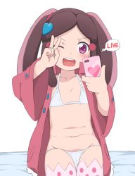 Rule 34 | 1girl, belly, bikini, blush, bubukka, cellphone, child, female focus, flat chest, hair ornament, heart, heart hair ornament, holding, holding phone, long hair, looking at viewer, multicolored hair, one eye closed, open clothes, open mouth, phone, pink eyes, simple background, sitting, smartphone, solo, swimsuit, teeth, thighhighs, twintails, two-tone hair, v, v over eye, white background