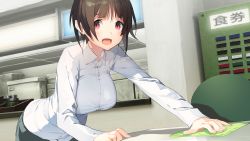 Rule 34 | 1girl, :d, akinashi yuu, bent over, breasts, brown hair, cowboy shot, dress shirt, game cg, highres, indoors, large breasts, looking at viewer, mell (ryuusei world actor), open mouth, red eyes, ryuusei world actor, shirt, short hair, smile, solo, wiping