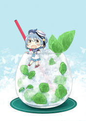 Rule 34 | 1girl, blue hair, blue sailor collar, blush, chibi, commentary request, cup, dixie cup hat, double bun, drink, drinking glass, drinking straw, fang, food, hair between eyes, hair bun, hat, hinata yuu, ice, ice cube, in food, kantai collection, leaf, long sleeves, looking at viewer, military hat, mini person, minigirl, mint, neckerchief, open mouth, pleated skirt, sailor collar, samuel b. roberts (kancolle), school uniform, serafuku, shirt, short hair, skirt, smile, whale, white headwear, white shirt, yellow eyes