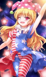 Rule 34 | 1girl, american flag dress, american flag legwear, american flag shirt, arm up, blonde hair, clownpiece, dress, fairy wings, gradient background, hat, highres, jester cap, lzh, one eye closed, open mouth, pantyhose, pink eyes, print dress, smile, solo, star (symbol), striped clothes, striped dress, striped pantyhose, touhou, upskirt, wings