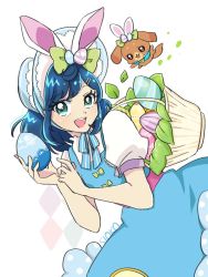 Rule 34 | 1girl, animal ears, aqua eyes, artist name, basket, blue dress, blue hair, blue headwear, blue ribbon, bonnet, commentary request, delicious party precure, dog, dress, easter, easter egg, egg, fake animal ears, floating, fuwa kokone, hair ornament, hairclip, highres, holding, holding egg, looking at viewer, medium dress, medium hair, neck ribbon, open mouth, pam-pam (precure), partial commentary, precure, puffy short sleeves, puffy sleeves, rabbit ears, ribbon, short sleeves, signature, siosio 808, smile, standing