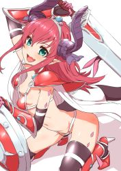 Rule 34 | 10s, 1girl, arched back, areola slip, armor, bikini armor, blush, boots, breasts, cape, clearite, collar, dragon horns, dragon tail, elizabeth bathory (brave) (fate), elizabeth bathory (fate), fang, fate/extra, fate/extra ccc, fate/grand order, fate (series), gauntlets, greaves, green eyes, high heel boots, high heels, hip focus, holding, holding sword, holding weapon, horns, jewelry, kneeling, long hair, loose bikini, metal collar, open mouth, pauldrons, pendant, pink hair, pointy ears, red armor, shield, shoulder armor, sidelocks, simple background, small breasts, smile, solo, strap gap, sword, tail, thighs, tiara, vambraces, weapon, white background