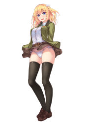 Rule 34 | 1girl, arms behind back, bag, belt, black thighhighs, blonde hair, blue eyes, blush, breasts, brown belt, brown footwear, cameltoe, collared shirt, commentary request, dark-skinned female, dark skin, full body, green jacket, hair ornament, jacket, jewelry, legs apart, looking at viewer, medium breasts, miniskirt, necklace, official art, open clothes, open jacket, open mouth, original, panties, shirt, shoes, side-tie panties, simple background, skirt, solo, standing, sweatdrop, thighhighs, toriatto gununu, two side up, underwear, white background, white shirt, white thighhighs