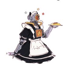 Rule 34 | 1boy, ^ ^, alternate costume, apex legends, apron, black dress, chinese commentary, closed eyes, clothed robot, crossdressing, dress, e ban lu guo, enmaided, food, holding, holding plate, humanoid robot, maid, maid apron, male maid, omelet, omurice, one-eyed, pathfinder (apex legends), plate, robot, simple background, sketch, solo, white background
