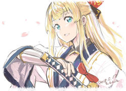 Rule 34 | 1girl, blonde hair, blue eyes, bow, cherry blossoms, dated, errant, granblue fantasy, hand on hilt, japanese clothes, katana, looking at viewer, mirin (granblue fantasy), signature, sketch, sword, weapon