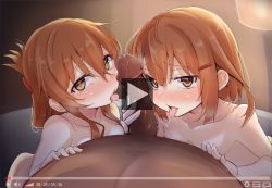 Rule 34 | 1boy, 2girls, blush, brown eyes, brown hair, censored, collarbone, cooperative fellatio, fake video, fang, fellatio, ffm threesome, folded ponytail, group sex, hair between eyes, hair ornament, hairclip, ikazuchi (kancolle), inazuma (kancolle), kantai collection, long hair, mosaic censoring, multiple girls, myht, nude, oral, penis, short hair, threesome, tongue, tongue out