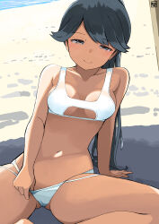 1girl alternate_costume bikini bikini_bottom_pull black_hair breasts commentary_request gluteal_fold grey_eyes hair_flaps highres houshou_(kancolle) kantai_collection long_hair sitting small_breasts solo swimsuit toplow white_bikini