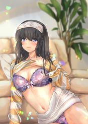 Rule 34 | 1girl, absurdres, argyle clothes, argyle hairband, black hair, blurry, blurry background, blush, bra, breasts, cleavage, clothes lift, couch, highres, idolmaster, idolmaster cinderella girls, lifting own clothes, light particles, long hair, looking at viewer, medium breasts, navel, panties, plant, purple bra, purple panties, sagisawa fumika, shirt, shirt lift, skirt, skirt lift, smile, solo, striped clothes, striped shirt, two-tone shirt, underwear, white skirt, ynk (right-left)