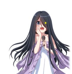 Rule 34 | 1girl, :d, bare shoulders, black hair, blue eyes, blush, dress, hair over one eye, hand on own cheek, hand on own face, holding, holding microphone, idol wars z, microphone, nakahara kasumi, official art, open mouth, smile, standing, third-party source, transparent background, upper body