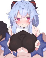 Rule 34 | 1boy, 1girl, ahoge, bad id, bad pixiv id, bare shoulders, blue hair, blush, breasts, breasts squeezed together, clothed sex, cum, cum in clothes, cum on body, cum on breasts, cum on upper body, cum through clothes, detached sleeves, ejaculation, ejaculation under clothes, ganyu (genshin impact), genshin impact, hetero, horns, koori, large breasts, long hair, looking at viewer, paizuri, paizuri under clothes, pov, pov crotch, purple eyes, sidelocks, smile, solo focus, upper body
