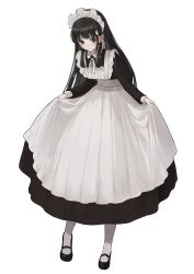 Rule 34 | 1girl, absurdres, apron, black dress, black eyes, black footwear, black hair, blush, breasts, closed mouth, collared dress, commentary request, dress, hair ornament, highres, juliet sleeves, long hair, long sleeves, looking at viewer, maid, maid apron, maid headdress, neck ribbon, original, pantyhose, puffy sleeves, rabbit hair ornament, ribbon, shii (kairi-t-k0317), shoes, simple background, skirt hold, small breasts, smile, solo, very long hair, white apron, white background, white pantyhose, white ribbon
