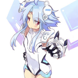 Rule 34 | 10s, 1girl, ahoge, blanc (neptunia), blue hair, blush, gloves, leotard, long hair, looking at viewer, neptune (series), normaland, power symbol, red eyes, short hair with long locks, solo, symbol-shaped pupils, white heart (neptune)