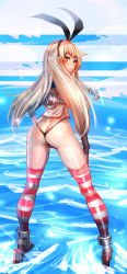 Rule 34 | 10s, 1girl, anchor hair ornament, ass, black panties, blonde hair, bow (bhp), brown eyes, butt crack, from behind, full body, hair ornament, hairband, highleg, highleg panties, highres, kantai collection, looking back, no pants, panties, shimakaze (kancolle), solo, standing, standing on liquid, striped clothes, striped panties, striped thighhighs, thighhighs, thong, underwear, water