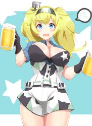 Rule 34 | 1girl, absurdres, alcohol, beer, belt, black bra, blonde hair, blue background, blue eyes, blue shirt, bra, breasts, cleavage, cowboy shot, gambier bay (kancolle), gloves, hair between eyes, hairband, headgear, highres, kantai collection, large breasts, long hair, minami osu, multicolored clothes, multicolored gloves, multicolored hairband, multiple girls, open clothes, open mouth, open shirt, pun, shirt, shorts, spoken sweatdrop, star (symbol), starry background, sweatdrop, twintails, underwear, white shorts