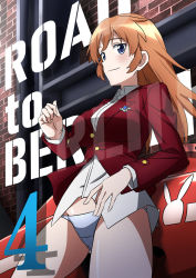 Rule 34 | 1girl, text background, blazer, blue eyes, blue panties, charlotte e. yeager, closed mouth, commentary, copyright name, cowboy shot, crotch seam, dress shirt, english text, highres, insignia, jacket, long hair, looking at viewer, military, military uniform, no pants, oinari (koheihei1109), orange hair, panties, red jacket, see-through, shirt, smile, solo, standing, strike witches, underwear, uniform, white shirt, wing collar, world witches series