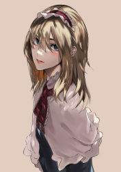 Rule 34 | 1girl, alice margatroid, asuzemu, blonde hair, blue dress, blue eyes, blush, breasts, capelet, dress, dutch angle, eyebrows hidden by hair, from above, grey background, hair between eyes, hairband, light smile, lips, lolita hairband, long hair, looking at viewer, parted lips, red hairband, red neckwear, simple background, small breasts, solo, touhou, upper body, white capelet