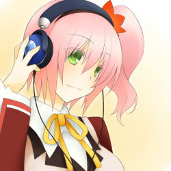 Rule 34 | 1girl, alfa system, breasts, coat, green eyes, hairband, headphones, kanonno grassvalley, long hair, pink hair, ribbon, smile, tales of (series), tales of the world radiant mythology 3