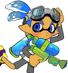 Rule 34 | 1boy, 2mi2lonkik4936, blue eyes, blue hair, closed mouth, commentary, goggles, goggles on head, grey shirt, grey shorts, gun, highres, holding, holding gun, holding weapon, ink tank (splatoon), inkling, inkling boy, inkling player character, male focus, nintendo, pointy ears, ponytail, shirt, shirt under shirt, short hair, shorts, simple background, solo, splatoon (series), splattershot (splatoon), tentacle hair, weapon, white background, white shirt