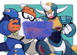 Rule 34 | 1278mkyp, 2boys, blizzard man, cellphone, centaur, centaur man, clenched hand, commentary request, fake horns, hat, helmet, holding, holding phone, horned helmet, horns, male focus, mega man (classic), mega man (series), mega man 6, multiple boys, no mouth, phone, robot, smartphone, taur