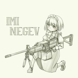 Rule 34 | 1girl, ammunition, ammunition belt, apron, belt-fed, bipod, blush, bow, bowtie, ammunition box, bullet, closed mouth, frills, general-purpose machine gun, grey background, greyscale, gun, highres, holding, holding gun, holding weapon, imi negev, iwi negev, juliet sleeves, light machine gun, loafers, long sleeves, machine gun, maid, maid apron, maid headdress, monochrome, on one knee, original, pas (paxiti), puffy sleeves, shoes, short hair, simple background, solo, trigger discipline, weapon