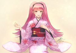 Rule 34 | 1girl, alternate costume, black hairband, blunt bangs, fadingz, fire emblem, fire emblem: three houses, floral print, hairband, hilda valentine goneril, japanese clothes, kimono, long hair, long sleeves, looking at viewer, nintendo, obi, parted lips, pink hair, pink kimono, print kimono, red eyes, sash, signature, sitting, smile, solo, twintails, very long hair, white background, wide sleeves