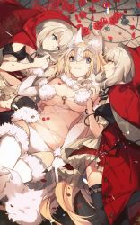 Rule 34 | animal ear fluff, animal ears, blue eyes, breasts, cosplay, fate/grand order, fate (series), frown, headpiece, heroic spirit festival outfit, highres, holding hands, hood, jeanne d&#039;arc (fate), jeanne d&#039;arc (ruler) (fate), large breasts, marie antoinette (alter) (fate), marie antoinette (fate), marie antoinette (festival outfit) (fate), mash kyrielight, mash kyrielight (cosplay), mash kyrielight (dangerous beast), mash kyrielight (dangerous beast) (cosplay), midriff, no-kan, official alternate costume, panties, petals, ribbon, rose petals, thighhighs, underwear, white panties, yellow eyes, yuri
