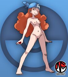 Rule 34 | 1girl, absurdres, armpits, arms at sides, artist name, bandana, barefoot, big hair, blue bandana, breasts, cleft of venus, clenched hand, collarbone, completely nude, creatures (company), feet, female focus, fingernails, full body, game freak, gluteal fold, groin, highres, holding, holding poke ball, legs, long hair, matching hair/eyes, medium breasts, navel, neck, nilterguy, nintendo, nipples, nude, nude filter, official art nude filter, one eye closed, orange eyes, orange hair, poke ball, pokemon, pokemon rse, pussy, shelly (pokemon), smile, smug, spread legs, standing, team aqua, thighs, third-party edit, toenails, toes, unworn clothes, v-shaped eyebrows, wink